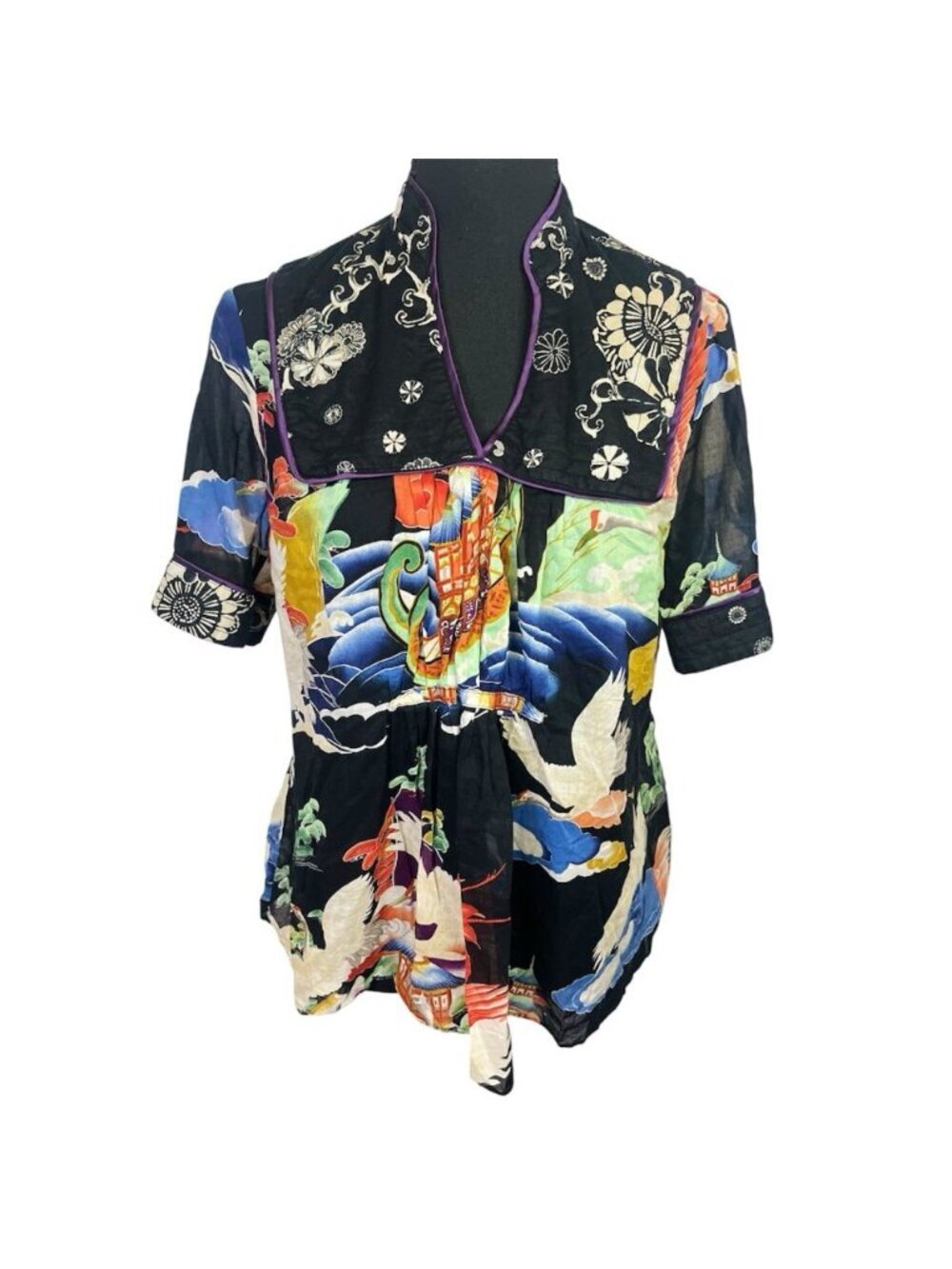 Vintage Lucky Brand Asian Inspired Top Sz M Y2K Crane Pagoda Floral Short Sleeve